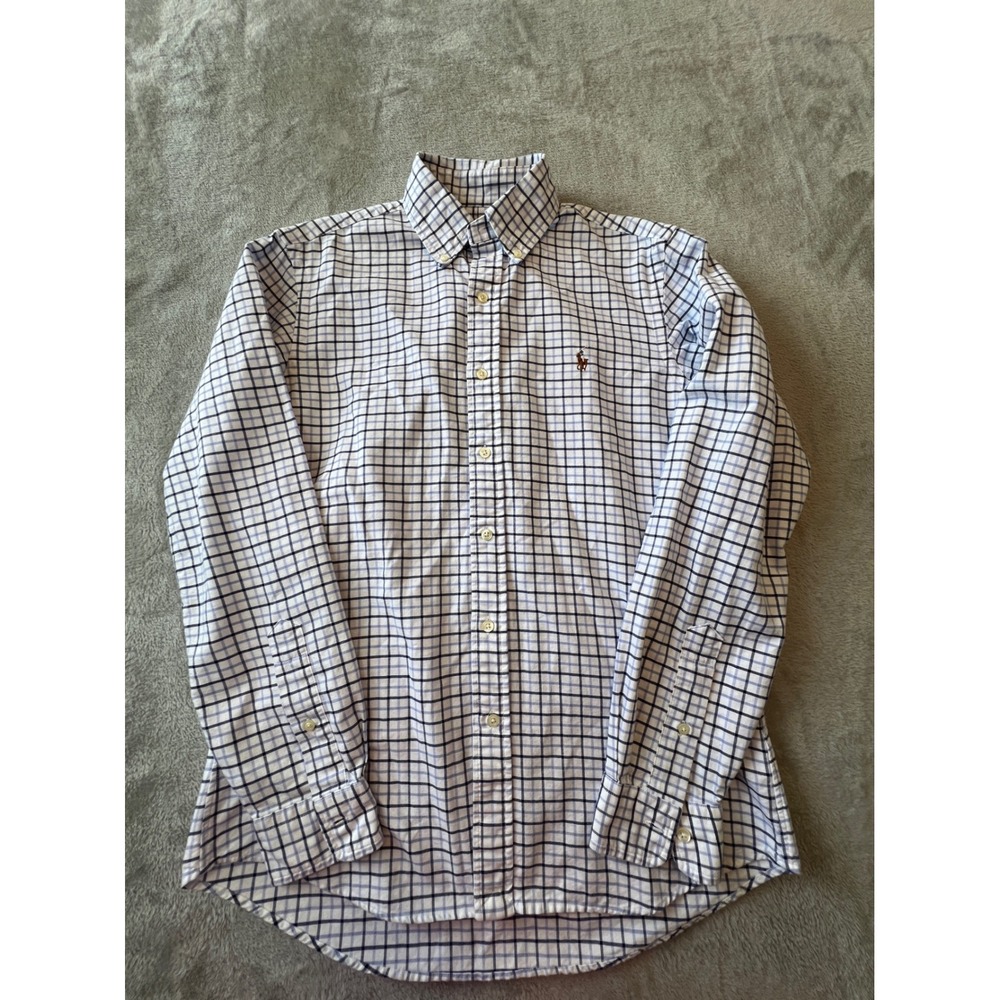 Ralph Lauren Button Down Shirt Mens Small White Blue Plaid Classic Fit Cotton